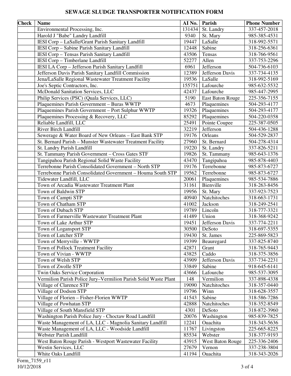 Form 7159 Sewage Sludge Transporter Notification Form - Louisiana, Page 3