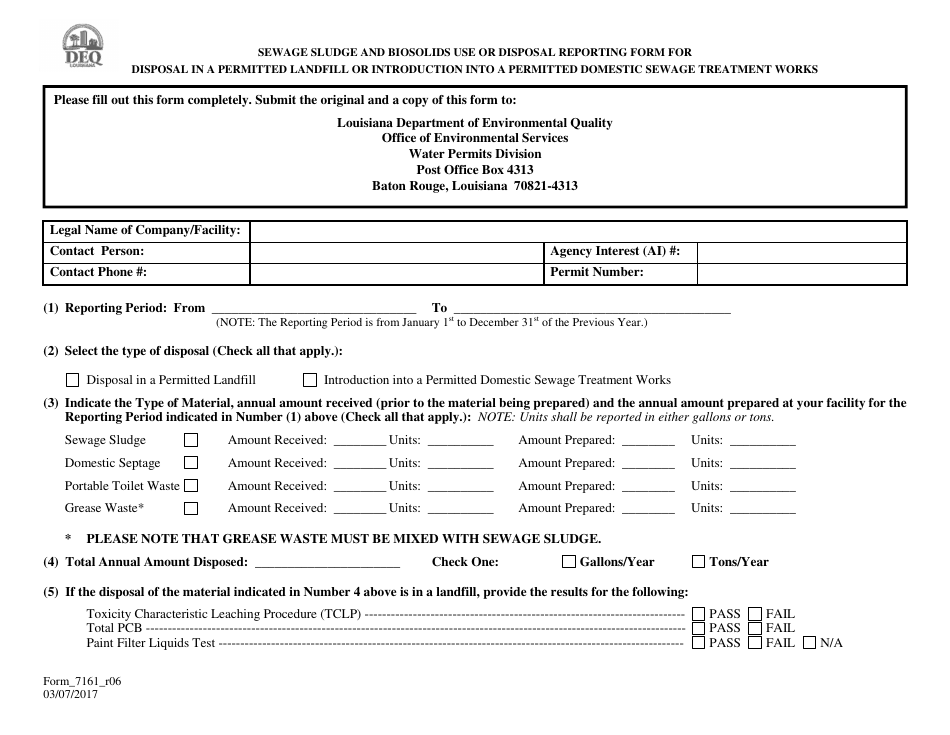 Form 7161 Sewage Sludge and Biosolids Use or Disposal Reporting Form for Disposal in a Permitted Landfill or Introduction Into a Permitted Domestic Sewage Treatment Works - Louisiana, Page 1