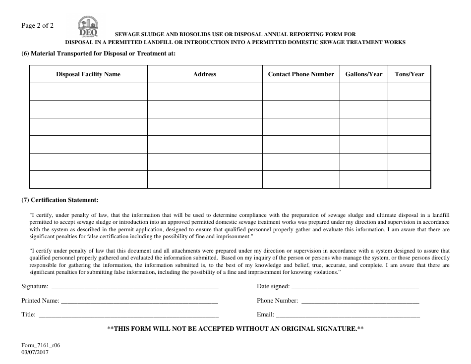 Form 7161 Sewage Sludge and Biosolids Use or Disposal Reporting Form for Disposal in a Permitted Landfill or Introduction Into a Permitted Domestic Sewage Treatment Works - Louisiana, Page 2