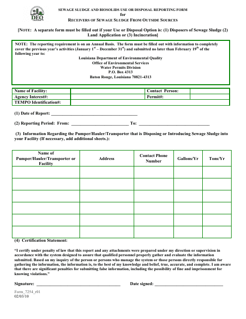 Form 7254 Sewage Sludge & Biosolids Use or Disposal Reporting Form for Receivers of Sewage Sludge From Outside Sources - Louisiana