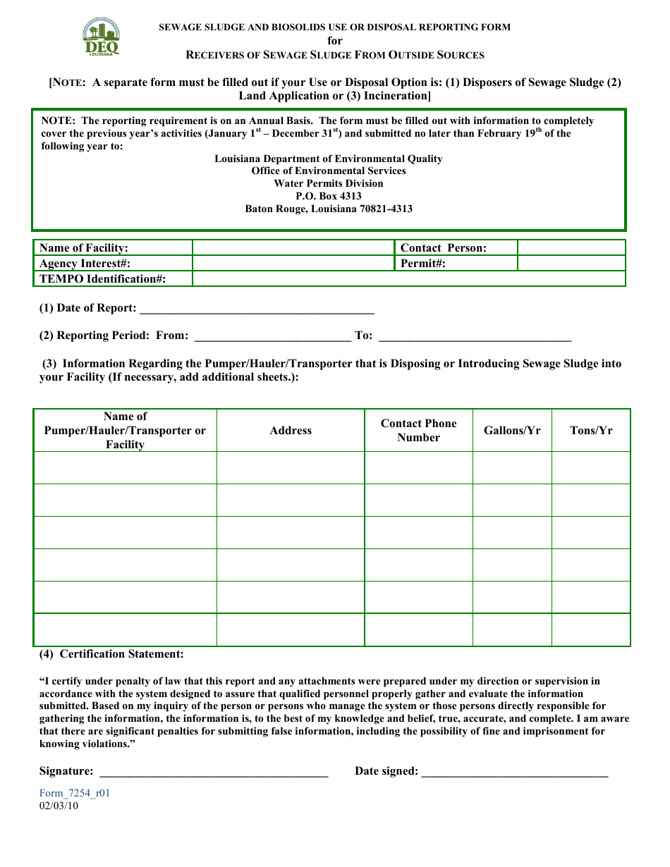 Form 7254 Sewage Sludge  Biosolids Use or Disposal Reporting Form for Receivers of Sewage Sludge From Outside Sources - Louisiana, Page 1