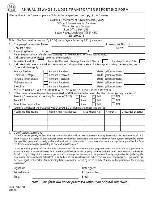 Form 7362 Annual Sewage Sludge Transporter Reporting Form - Louisiana