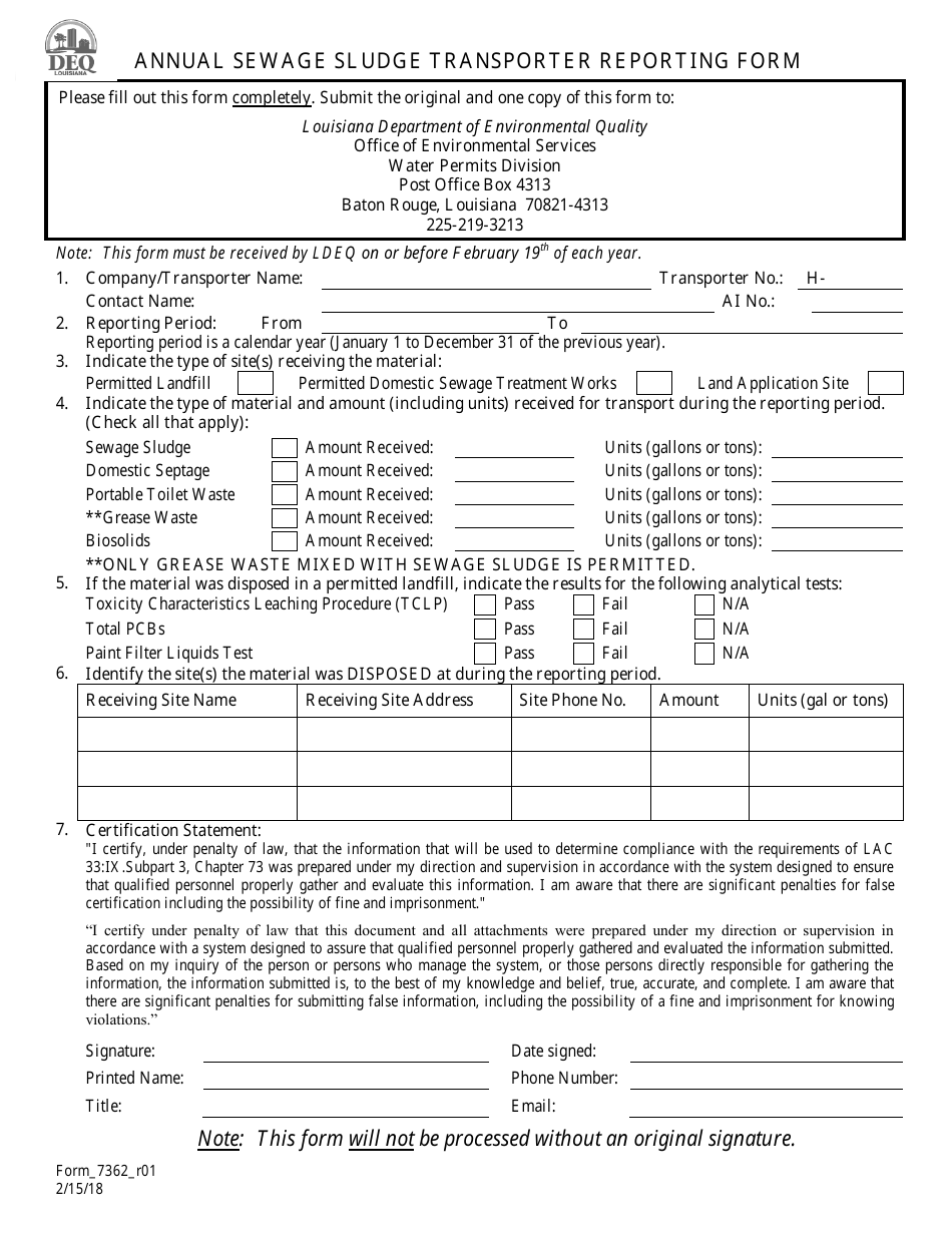 Form 7362 Annual Sewage Sludge Transporter Reporting Form - Louisiana, Page 1