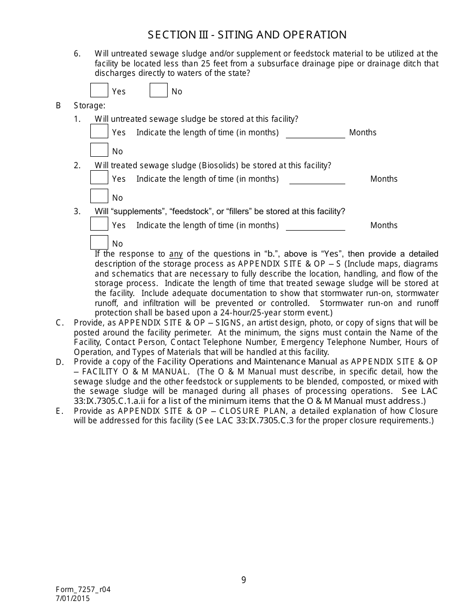 Form 7257 Notice of Intent for the Disposal of Sewage Sludge (Biosolids) in Permitted Landfills - Louisiana, Page 10