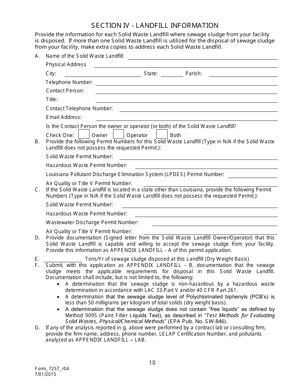 Form 7257 Notice of Intent for the Disposal of Sewage Sludge (Biosolids) in Permitted Landfills - Louisiana, Page 11