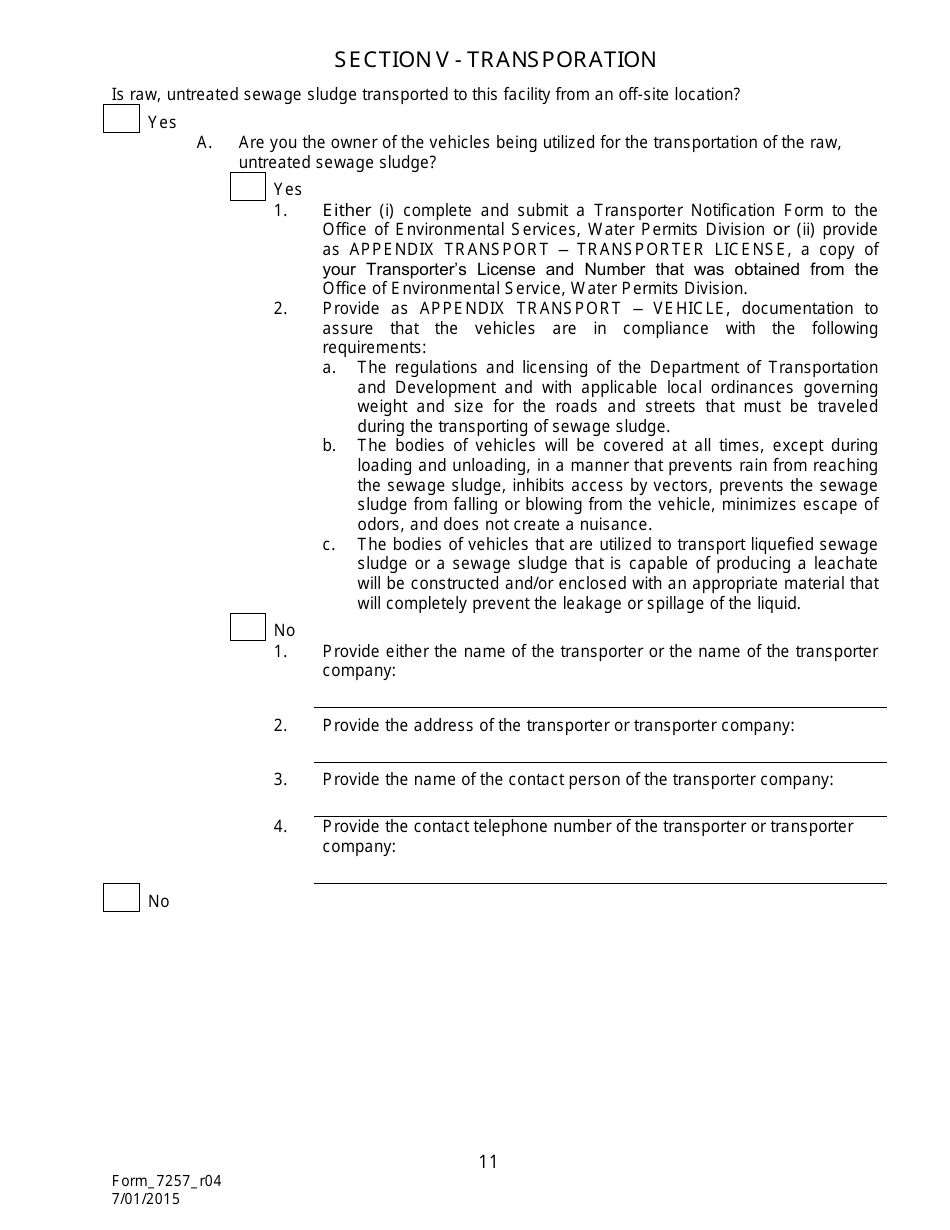 Form 7257 Notice of Intent for the Disposal of Sewage Sludge (Biosolids) in Permitted Landfills - Louisiana, Page 12