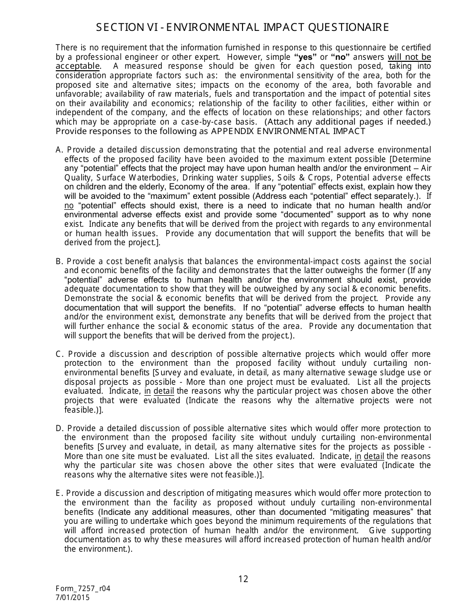 Form 7257 Notice of Intent for the Disposal of Sewage Sludge (Biosolids) in Permitted Landfills - Louisiana, Page 13