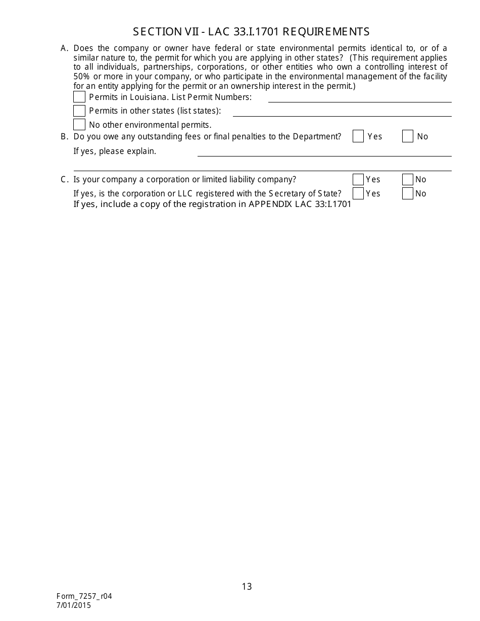 Form 7257 Notice of Intent for the Disposal of Sewage Sludge (Biosolids) in Permitted Landfills - Louisiana, Page 14