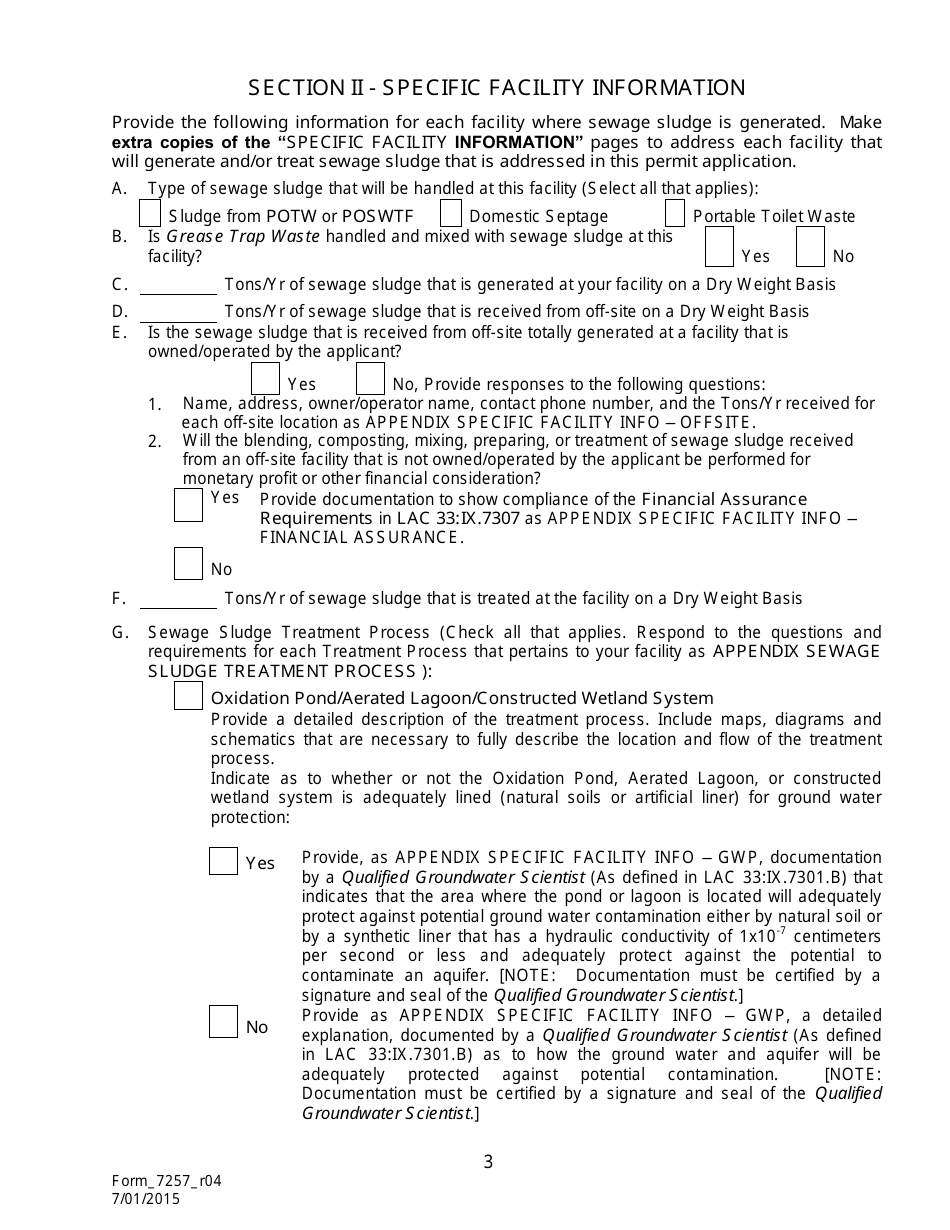 Form 7257 Notice of Intent for the Disposal of Sewage Sludge (Biosolids) in Permitted Landfills - Louisiana, Page 4