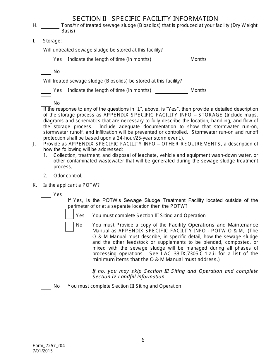 Form 7257 Notice of Intent for the Disposal of Sewage Sludge (Biosolids) in Permitted Landfills - Louisiana, Page 7
