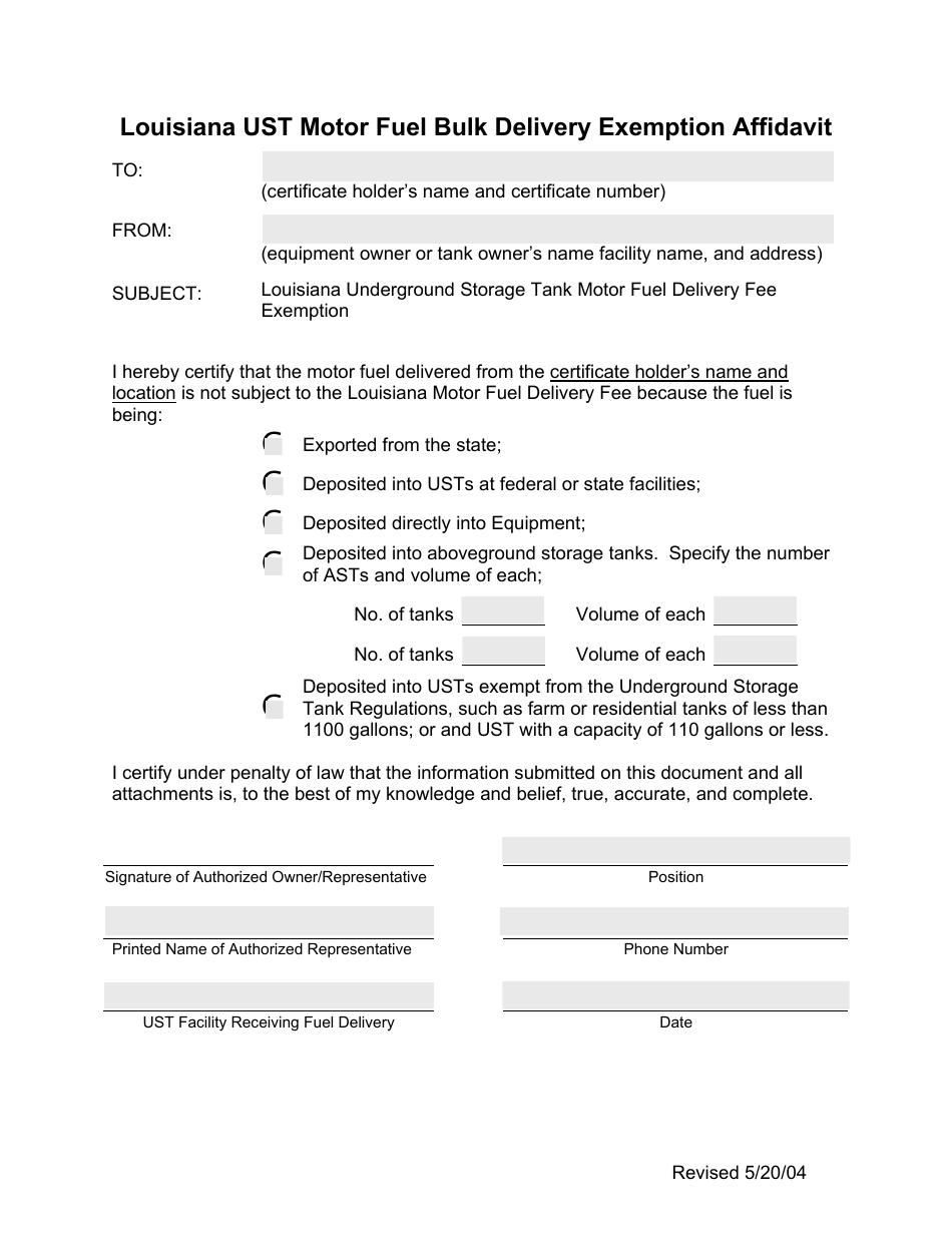 Louisiana Ust Motor Fuel Bulk Delivery Exemption Affidavit Form - Louisiana, Page 1