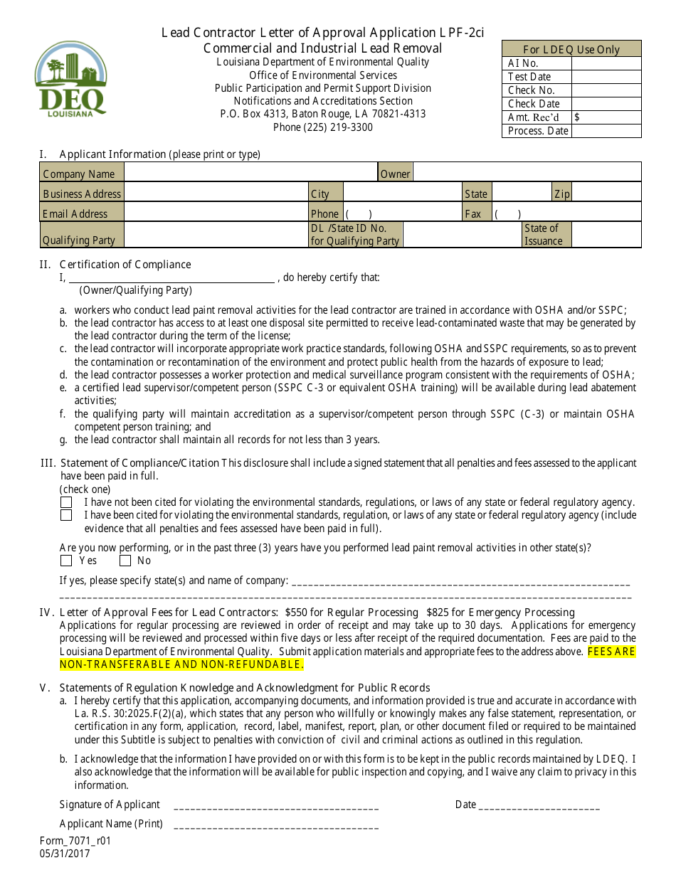 Form LPF-2CI Lead Contractor Letter of Approval Application - Commercial and Industrial Lead Removal - Louisiana, Page 1