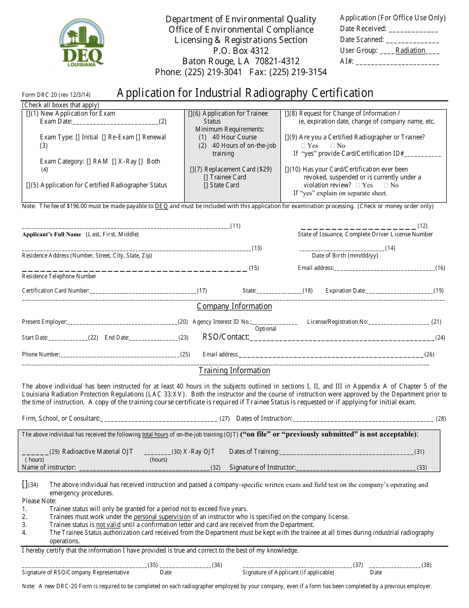 Form DRC20 Application for Industrial Radiography Certification - Louisiana, Page 1