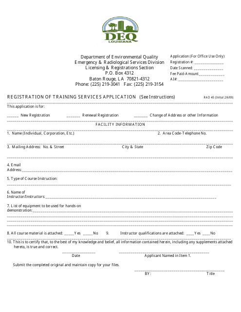 Form RAD45 Registration of Training Services Application - Louisiana