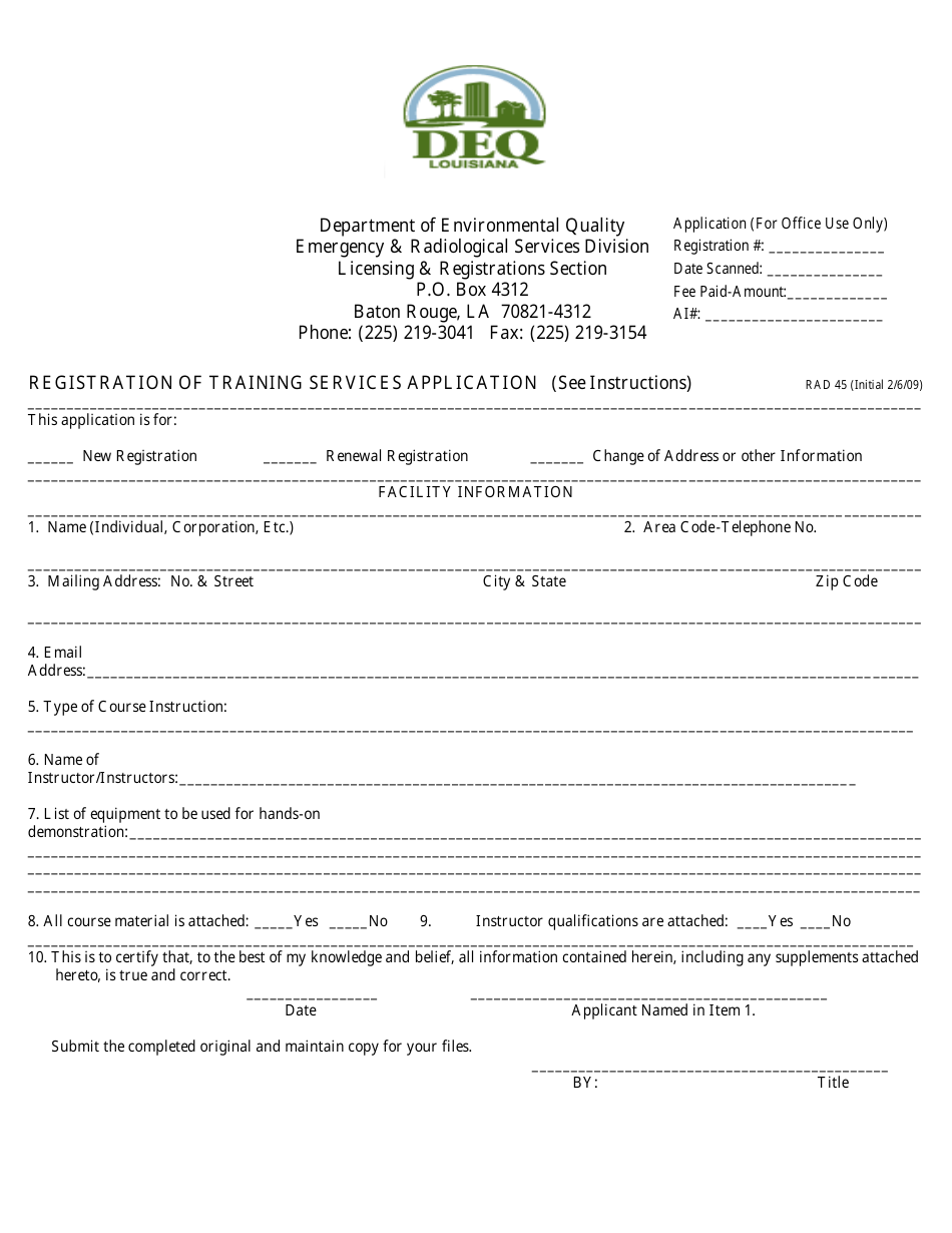 Form RAD45 Registration of Training Services Application - Louisiana, Page 1