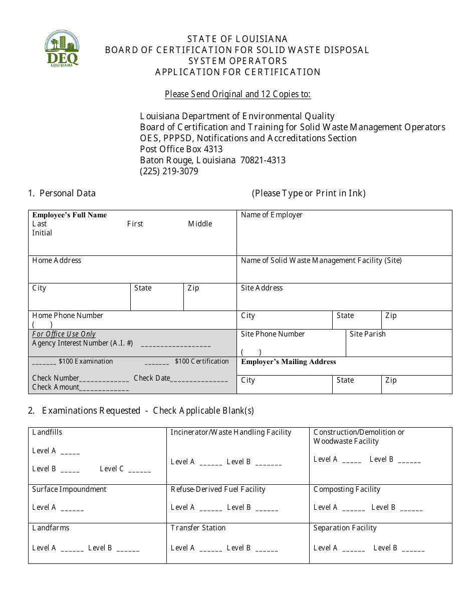 Solid Waste Operator Certification Application Form - Louisiana, Page 1