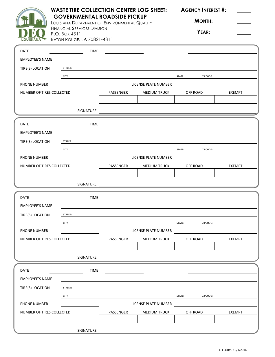Waste Tire Collection Center Log Sheet: Governmental Roadside Pickup - Louisiana, Page 1