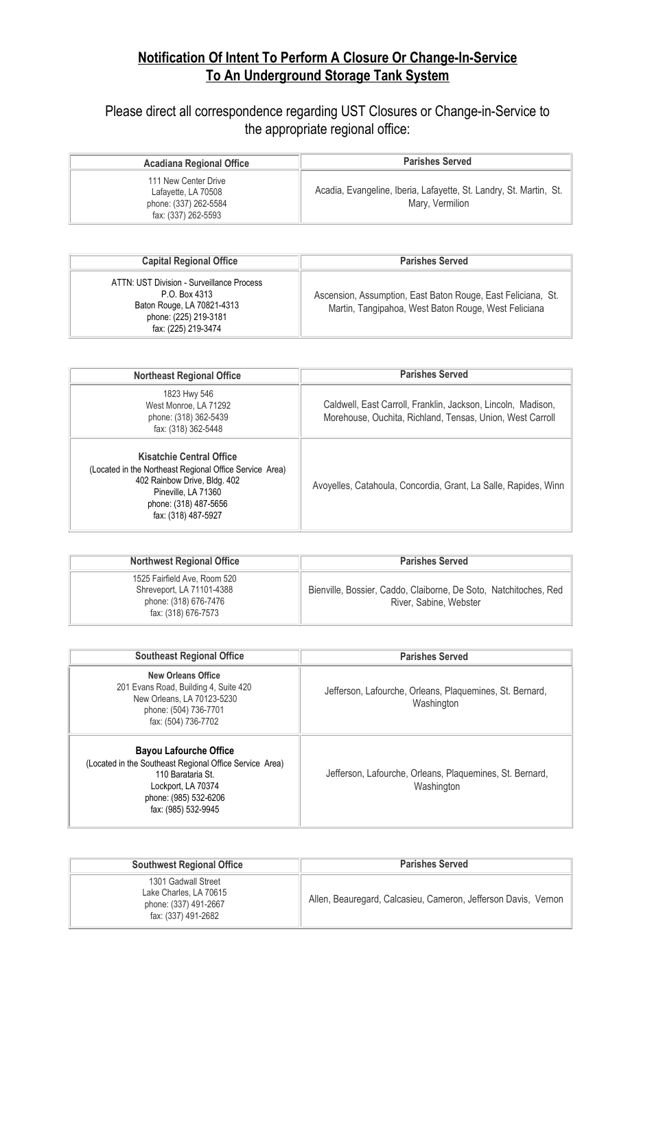 Form UST-SURV-01 Notification of Intent to Perform a Closure or Change-In-Service to an Underground Storage Tank System - Louisiana, Page 3