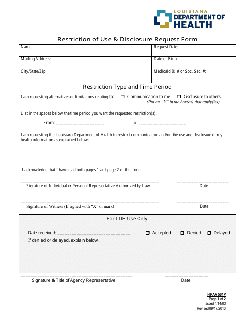 Form HIPPA501P Restriction of Use & Disclosure Request Form - Louisiana