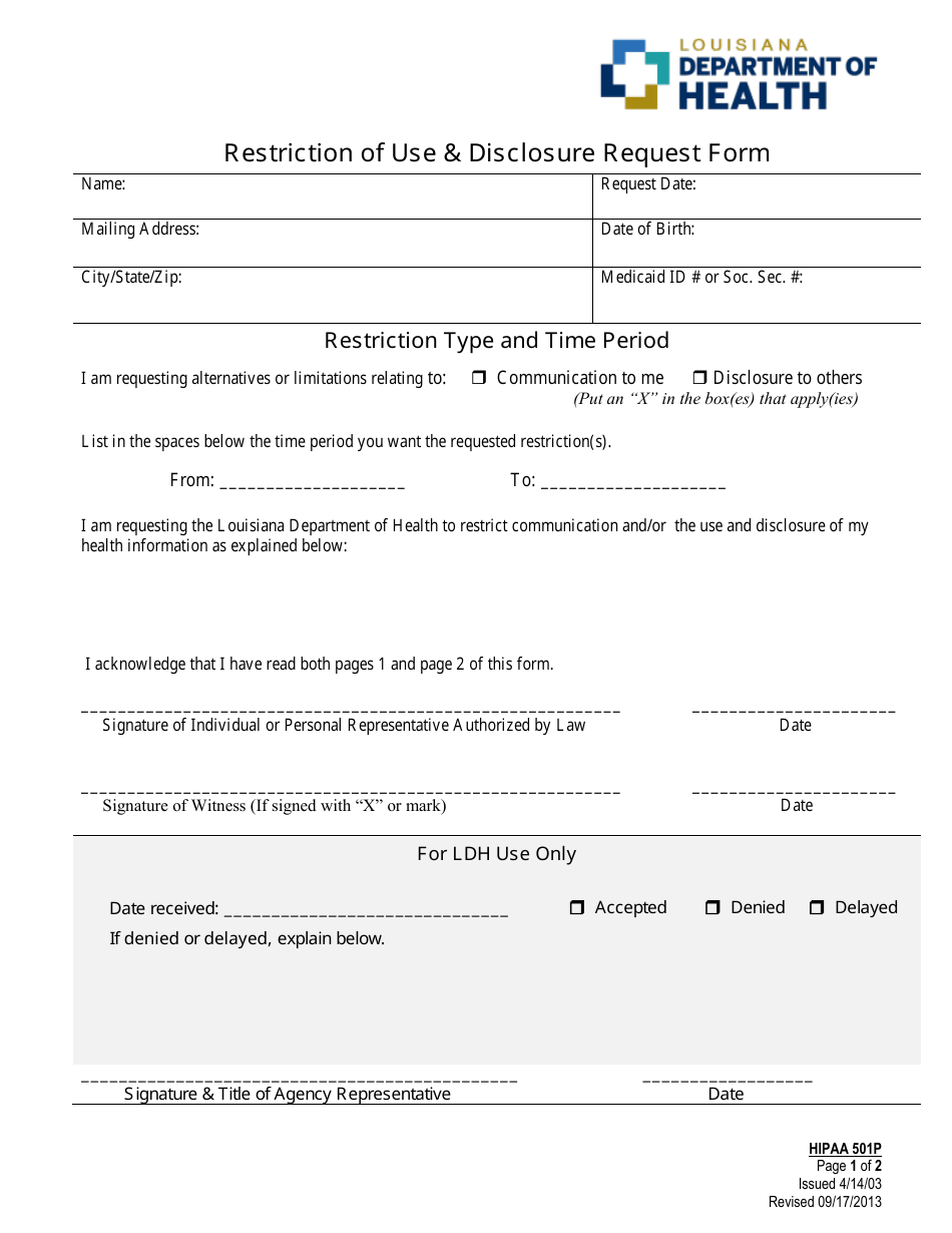 Form HIPPA501P Restriction of Use  Disclosure Request Form - Louisiana, Page 1