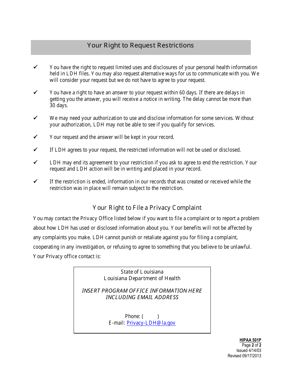 Form HIPPA501P Restriction of Use  Disclosure Request Form - Louisiana, Page 2