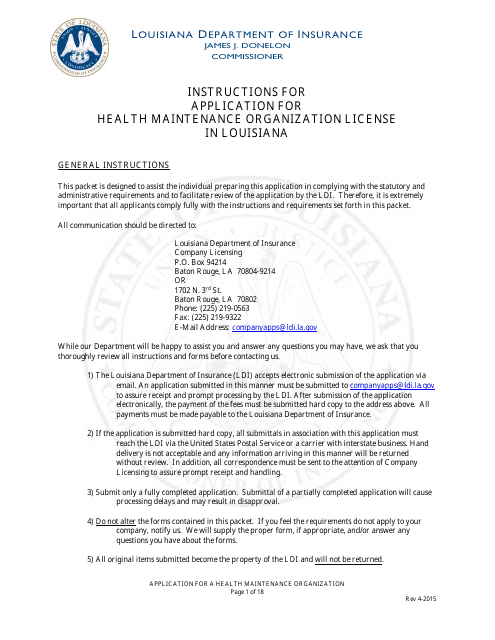 Application for Health Maintenance Organization License in Louisiana - Louisiana Download Pdf