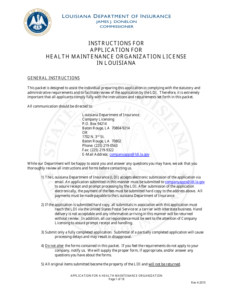 Application for Health Maintenance Organization License in Louisiana - Louisiana, Page 1