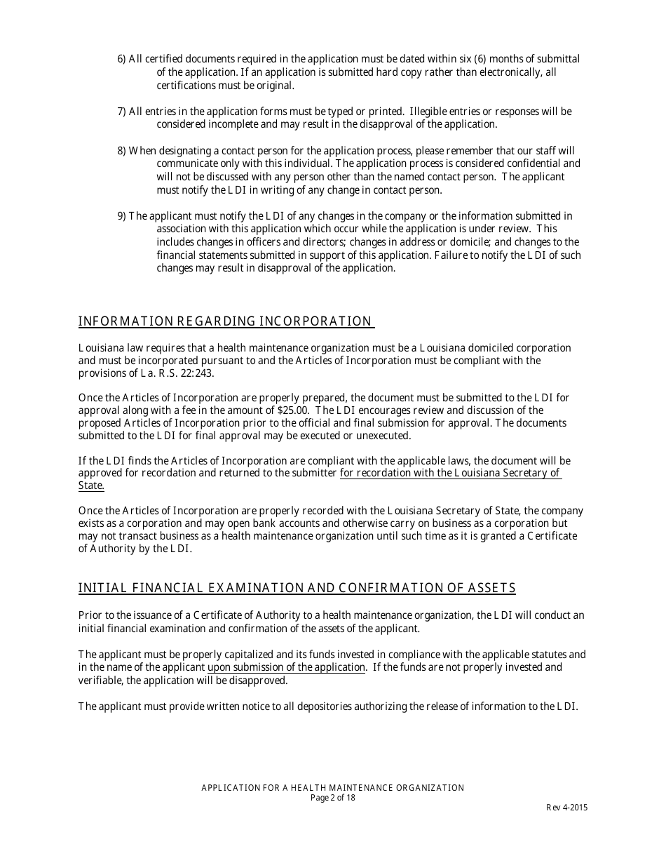 Application for Health Maintenance Organization License in Louisiana - Louisiana, Page 2