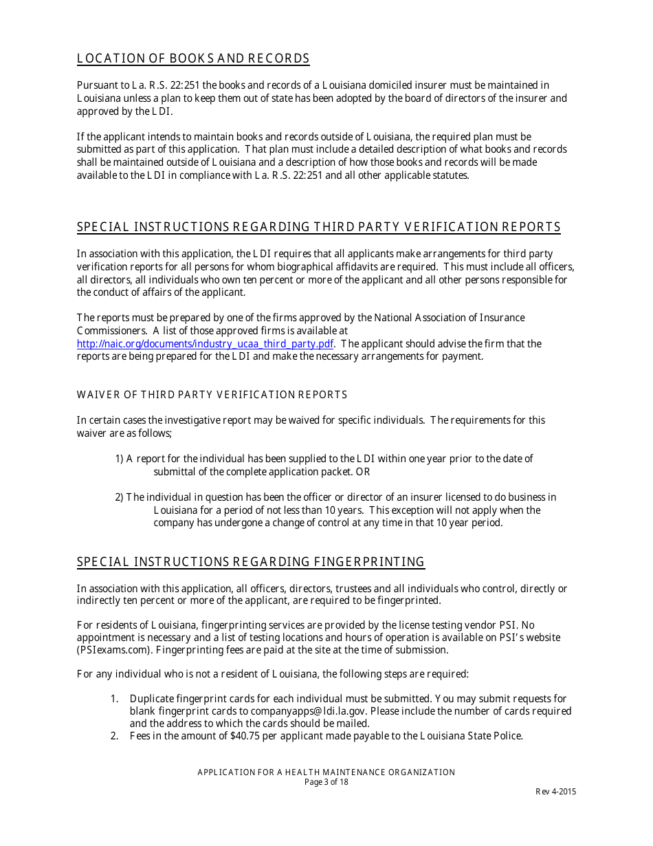 Application for Health Maintenance Organization License in Louisiana - Louisiana, Page 3