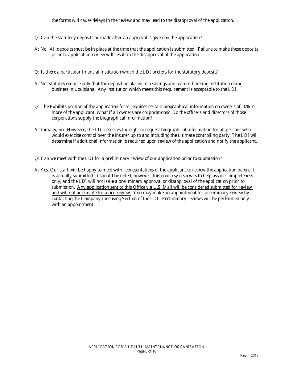 Application for Health Maintenance Organization License in Louisiana - Louisiana, Page 5
