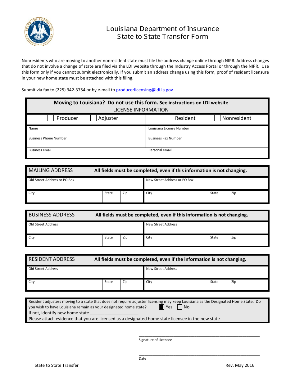 State to State Transfer Form - Louisiana, Page 1