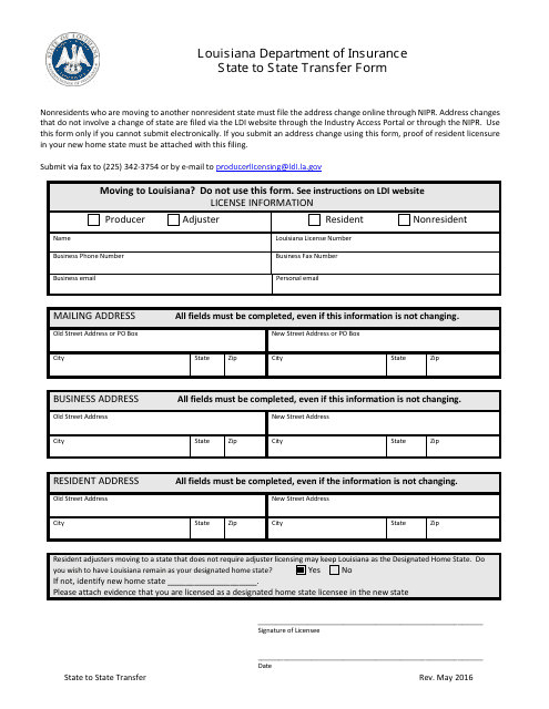State to State Transfer Form - Louisiana Download Pdf