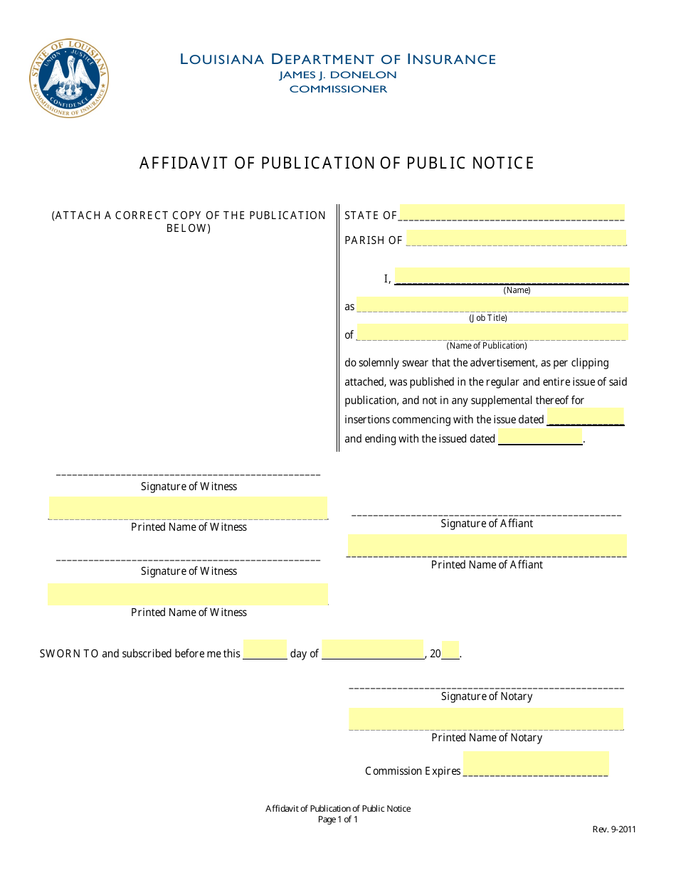 Affidavit of Publication of Public Notice - Louisiana, Page 1