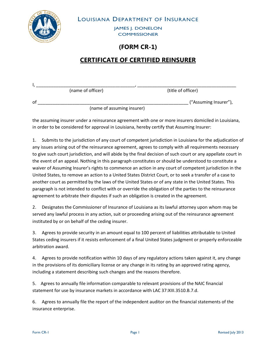 Form CR-1 Certificate of Certified Reinsurer - Louisiana, Page 1