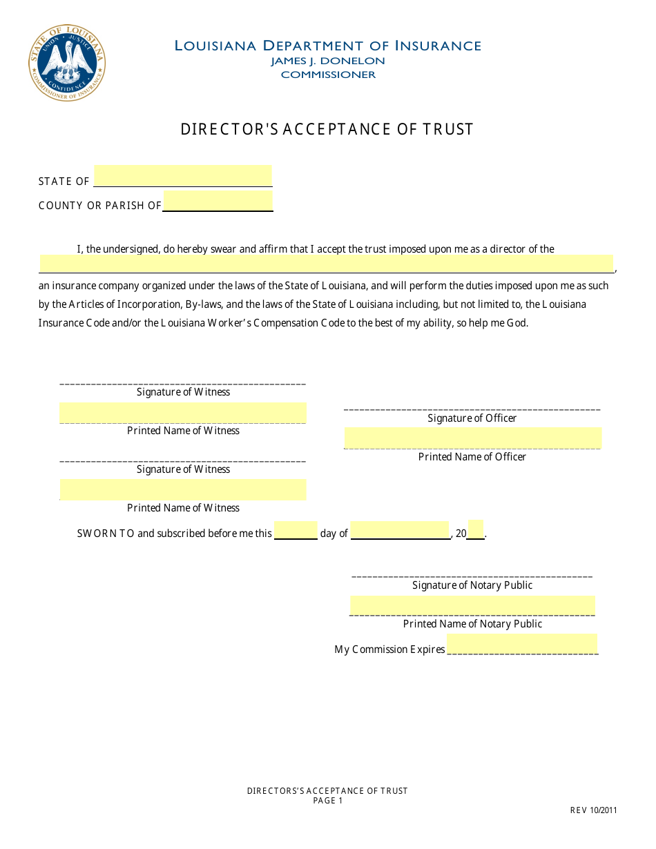 Directors Acceptance of Trust - Louisiana, Page 1