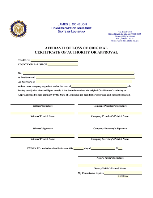 Affidavit of Loss of Original Certificate of Authority or Approval - Louisiana Download Pdf