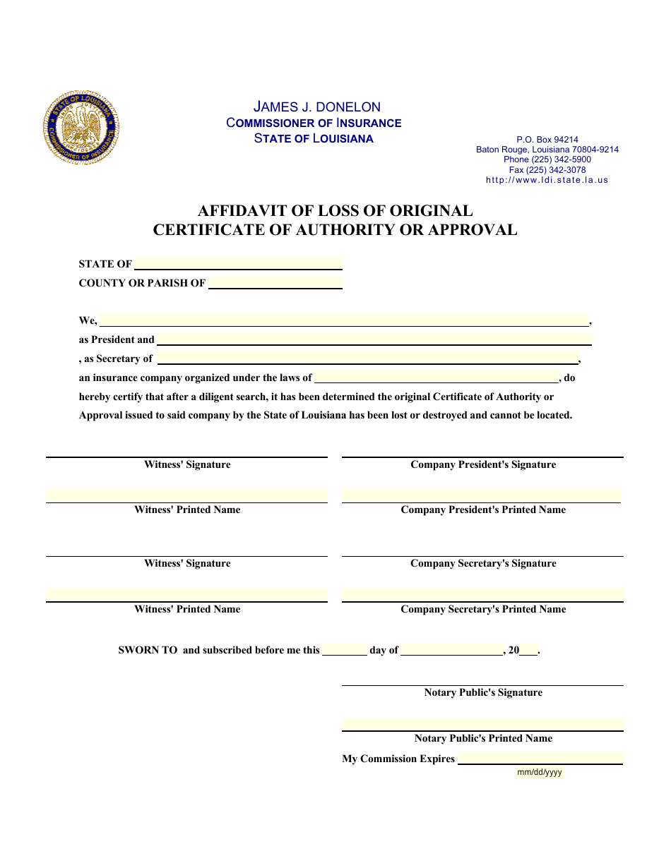 Affidavit of Loss of Original Certificate of Authority or Approval - Louisiana, Page 1
