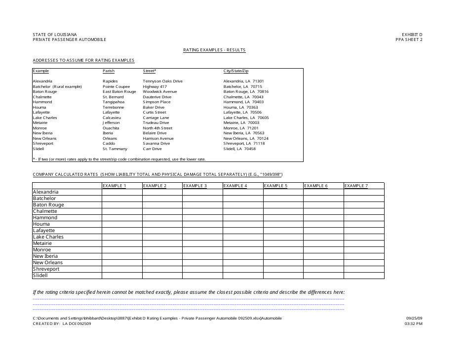 Exhibit D Private Passenger Automobile Rating Examples - Louisiana, Page 3