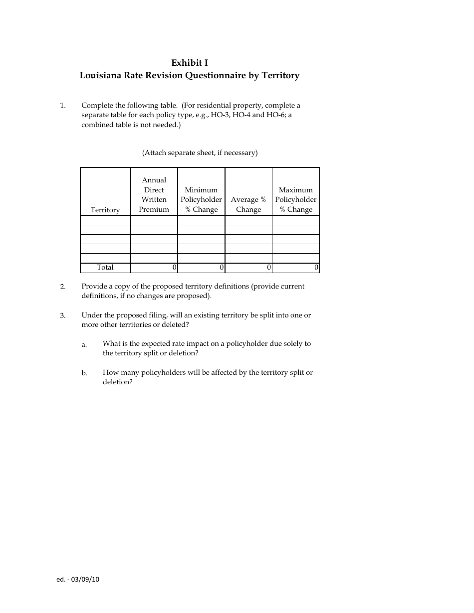 Exhibit I Louisiana Rate Revision Questionnaire by Territory - Louisiana, Page 1