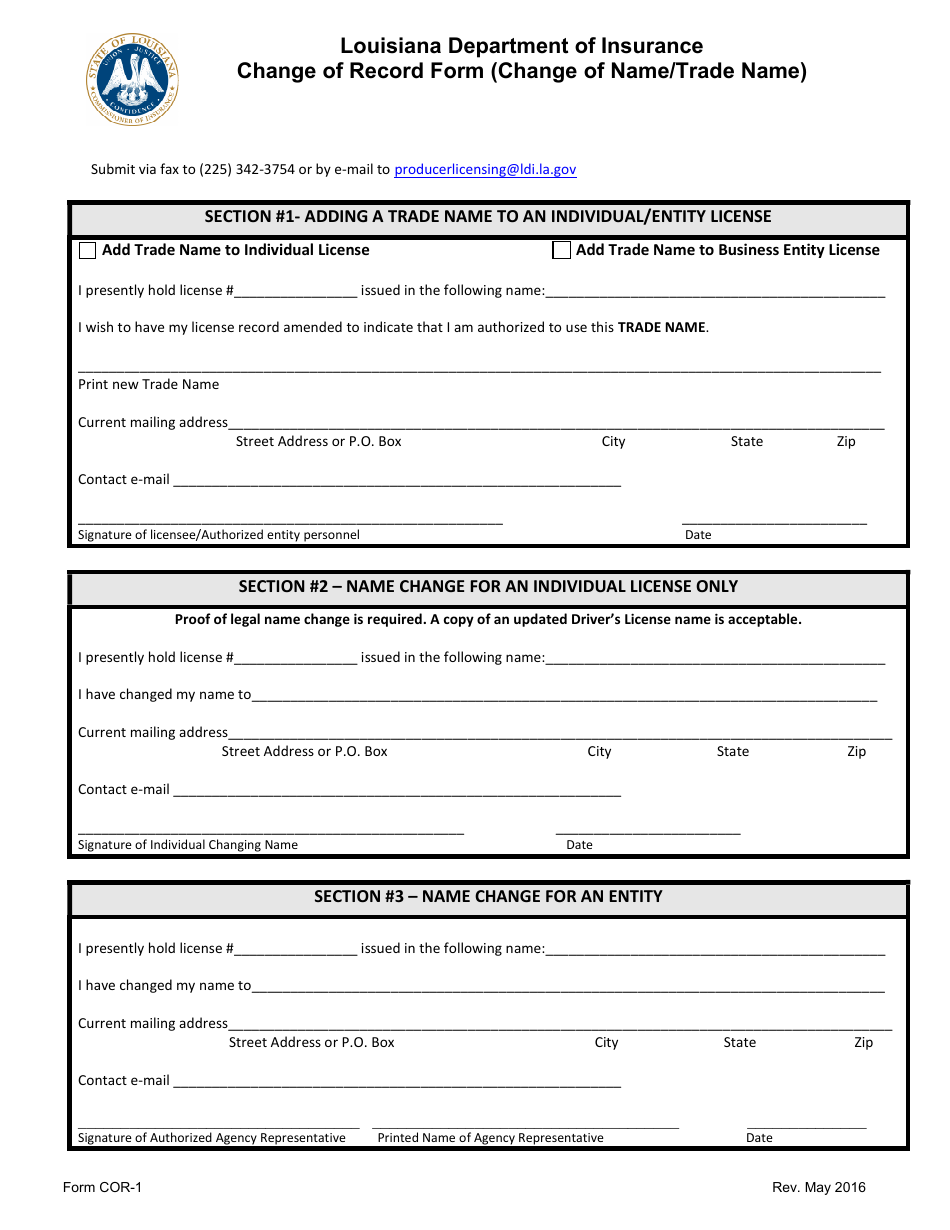 Form COR-1 Change of Record Form (Change of Name / Trade Name) - Louisiana, Page 1