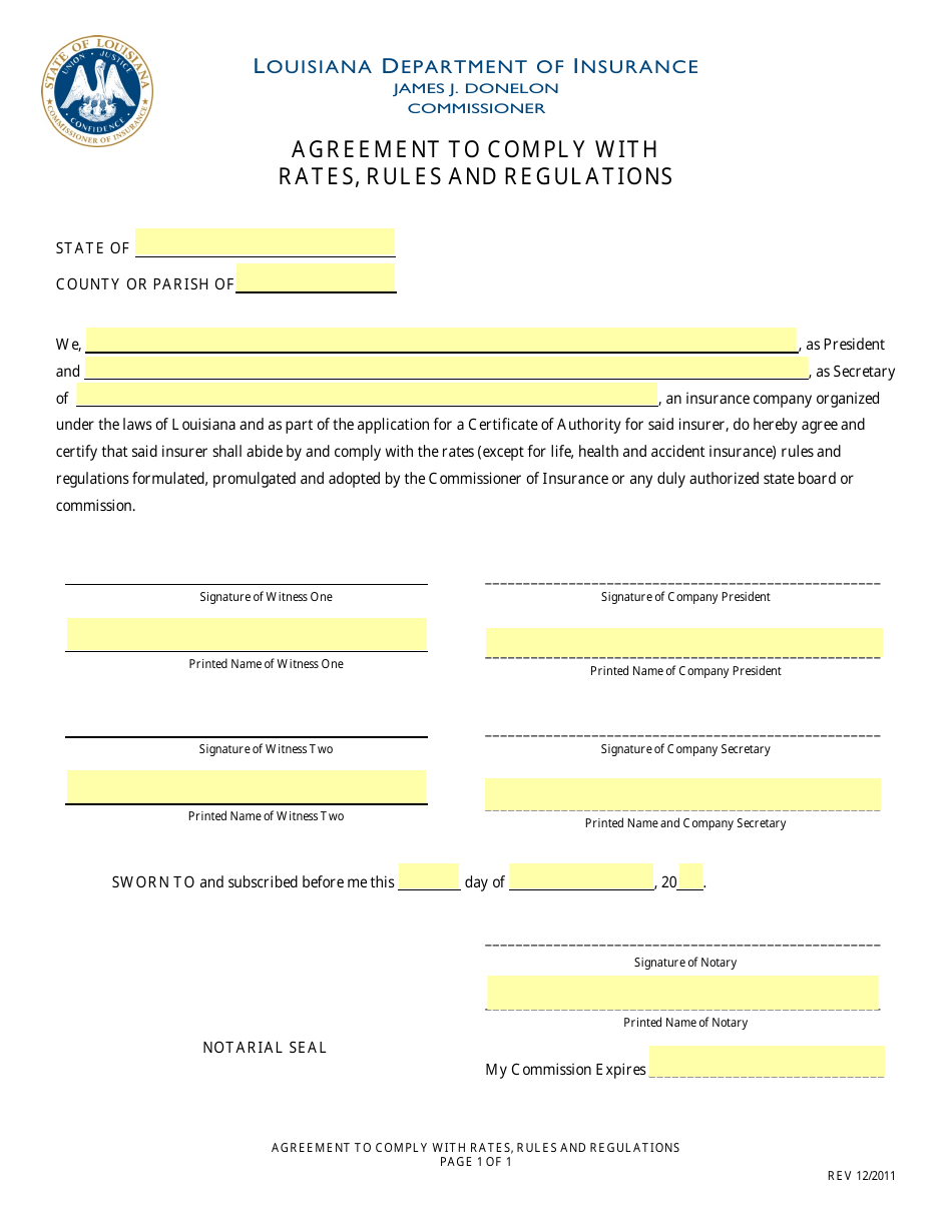 Agreement to Comply With Rates, Rules and Regulations - Louisiana, Page 1