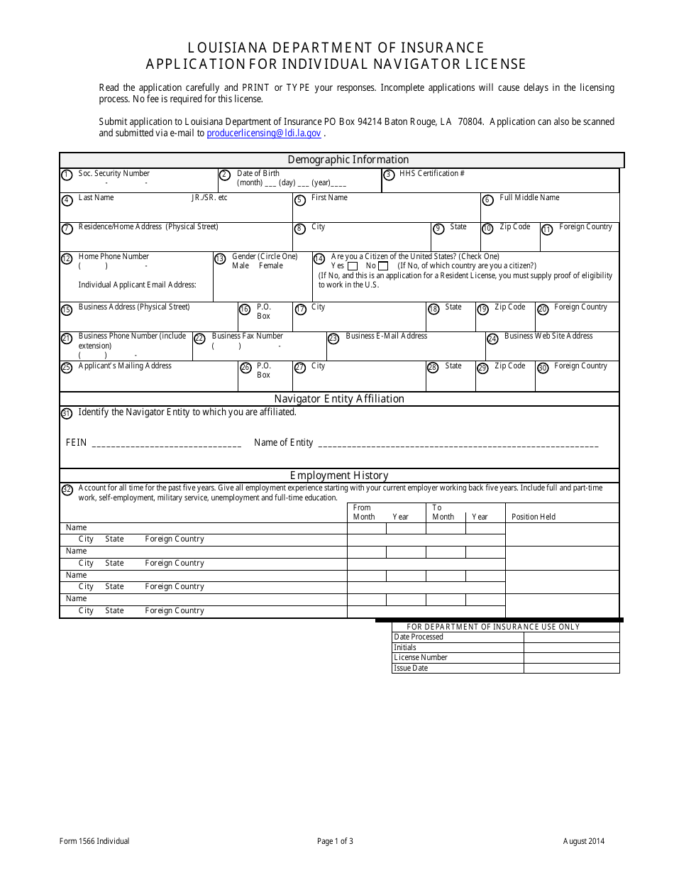 Form 1566 INDIVIDUAL Application for Individual Navigator License - Louisiana, Page 1