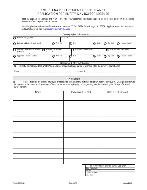 Form 1566 ENTITY Application for Entity Navigator License - Louisiana