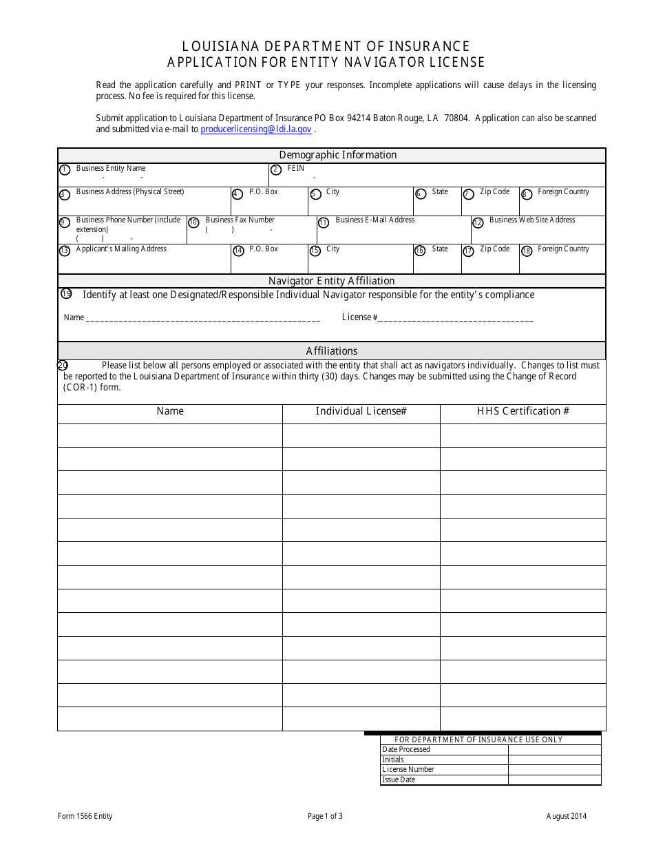 Form 1566 ENTITY Application for Entity Navigator License - Louisiana, Page 1