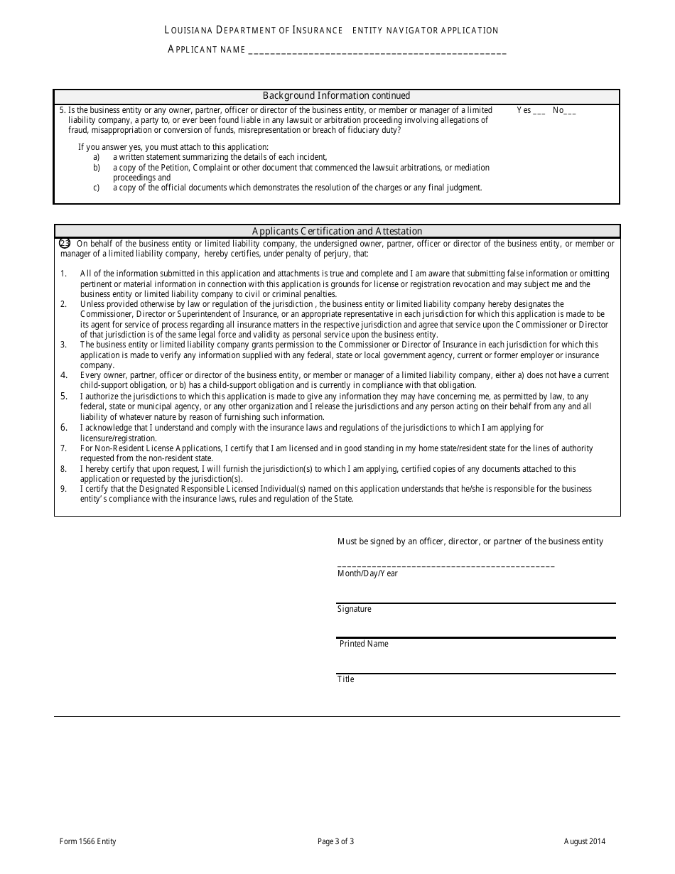 Form 1566 ENTITY Application for Entity Navigator License - Louisiana, Page 3