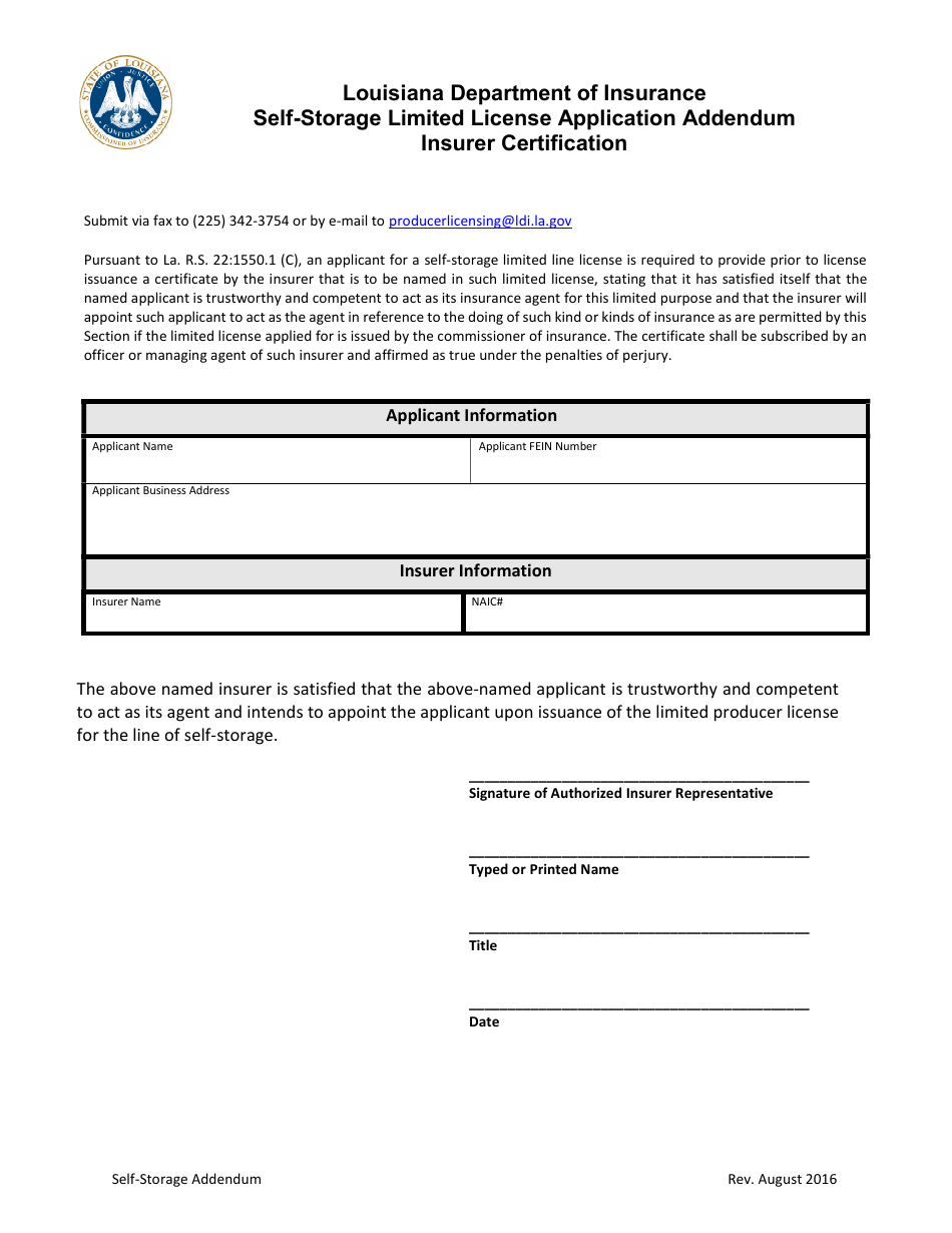 Self-storage Limited License Application Addendum Insurer Certification Form - Louisiana, Page 1