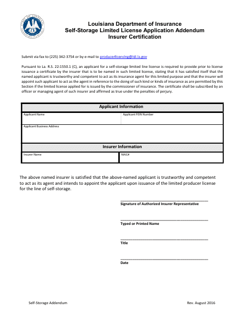 Self-storage Limited License Application Addendum Insurer Certification Form - Louisiana Download Pdf