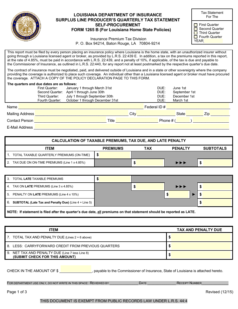 Form 1265 B - Fill Out, Sign Online And Download Fillable PDF ...