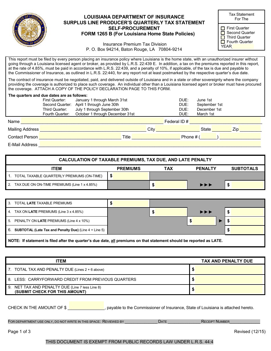 Form 1265 B Surplus Line Producers Quarterly Tax Statement Self-procurement - Louisiana, Page 1