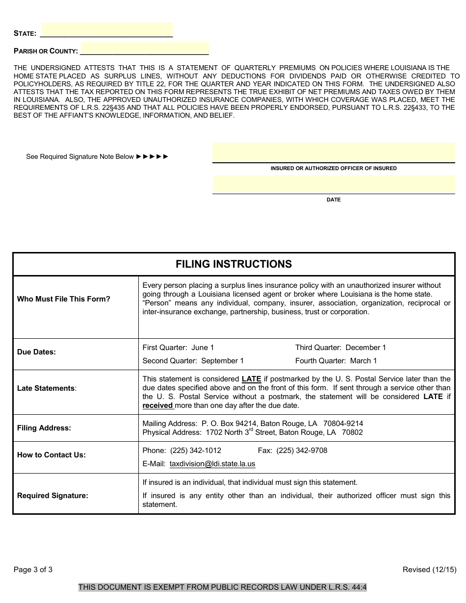 Form 1265 B Surplus Line Producers Quarterly Tax Statement Self-procurement - Louisiana, Page 3